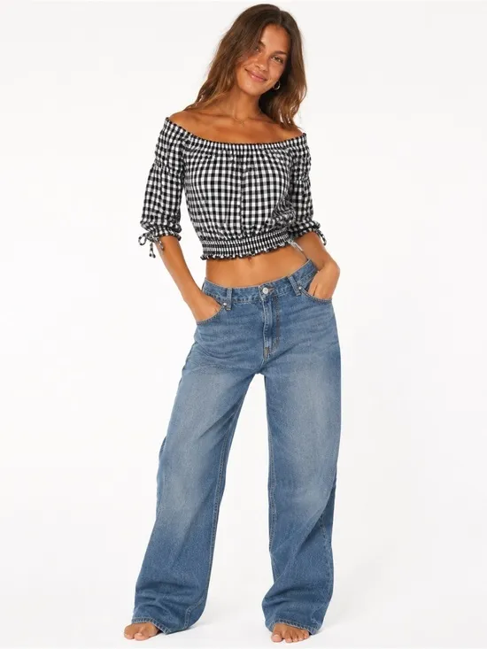 Hollister XS Black White Gingham Off Shoulder Smocked Peasant Crop Top - Image 2