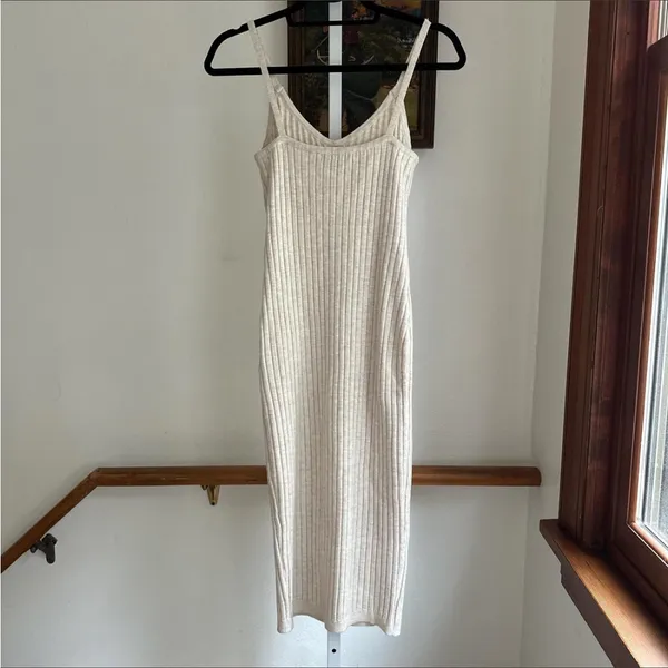 7 For All Mankind Cream Ribbed Knit Bodycon Midi Dress Small . - Image 4