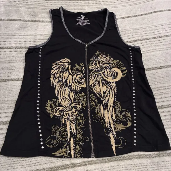 Black Rhinestone Vance Biker Wear Grunge Biker Tank Top-Zip Up-LARGE - Image 2