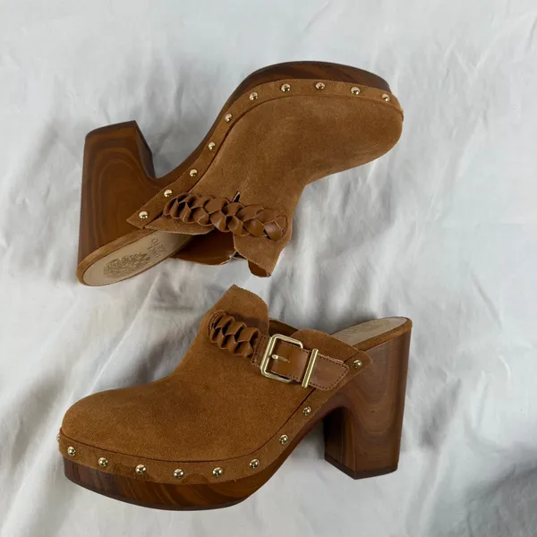 Vince Camuto Crashell Tan Suede Platform Clogs Braided Buckle Mules Studded 9.5 - Image 8