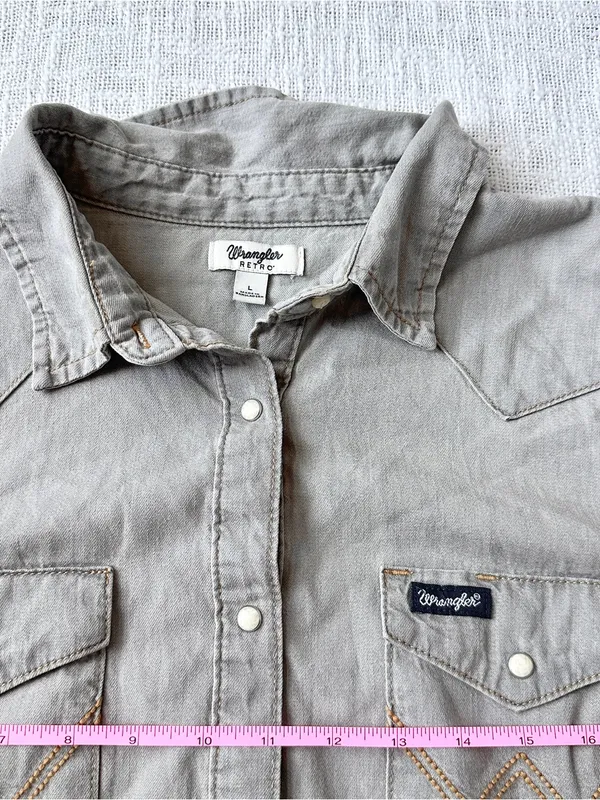 Wrangler "Retro" Long Sleeve Grey Denim Western Snap Shirt 🦅 Size Large - Image 4