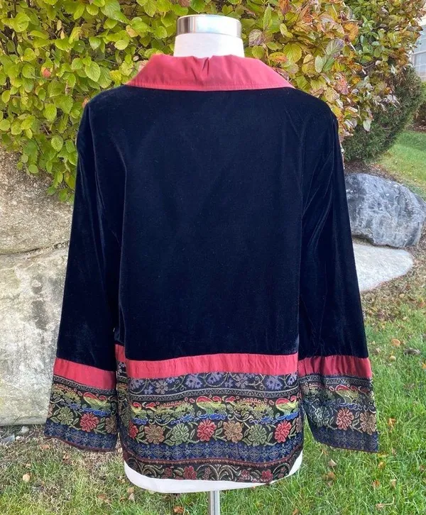 Coldwater Creek Small Jacket Velvet Button Front Black Wine Tapestry Holiday - Image 6