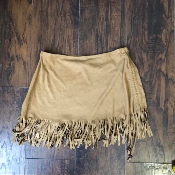 90s Vintage Y2K Faux Suede Brown Fringe Mini Tassel Bead Skirt Western Boho Hippie Gypsy Rave #Festival #Grunge #Hipster #Bohemian #1970s inspired Southwestern Navajo Rodeo Plur Coachella Sz M - measurements in pics - Image 2