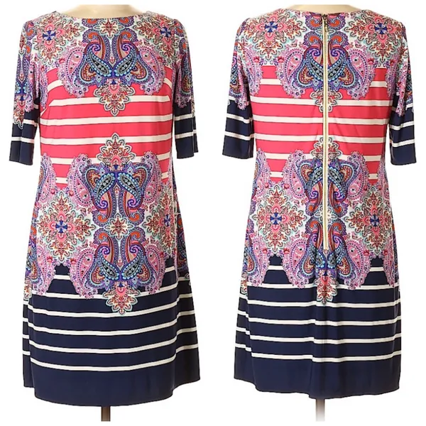 Eliza J Printed Jersey Shift Dress Shorter Sleeves Size 6 Stripes - Image 3