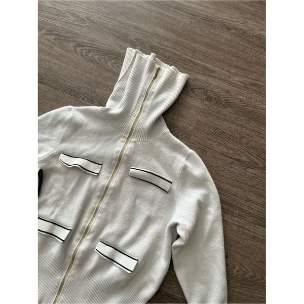 Marc New York Turtleneck Sweater Womens M Ivory White Full Zip Black Stripe Knit - Image 6