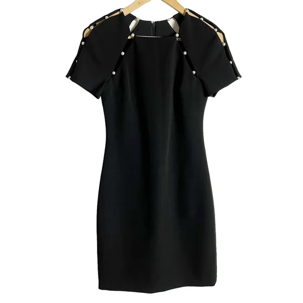 Alice + Olivia Kristiana Pearl Embellished Fitted Black Sheath Mini Dress Size 2 - Image 2