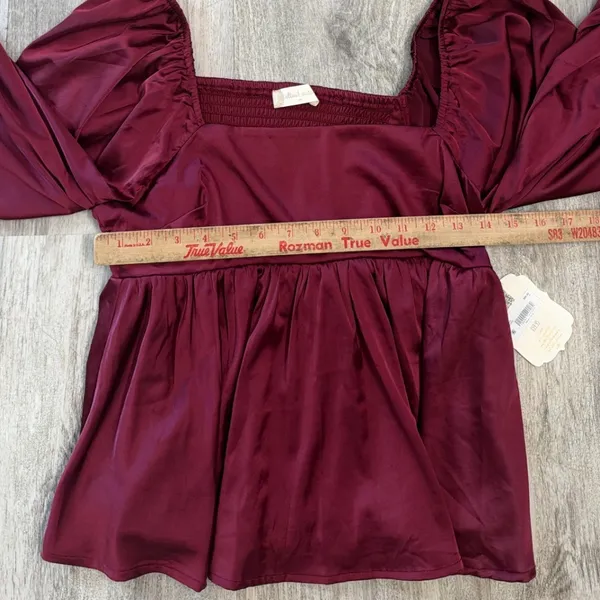 Altar'd State Burgundy Satin Peplum Top Square Neck Smocked Back Size Medium NEW - Image 6