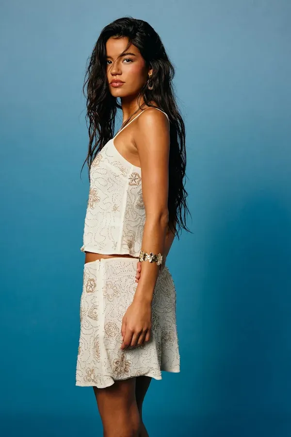Lulus Abara Cream Beaded Mini Skirt Set - Image 2