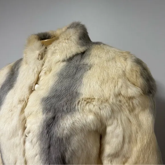 Vintage Rabbit‎ Fur Jacket Cream Grey Striped Button Front Coat Womens Medium - Image 4