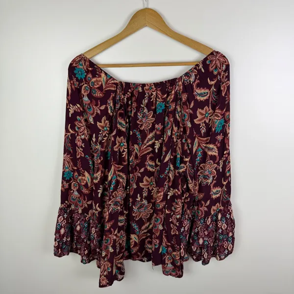 Cato Boho Floral Peasant Bell‎ Sleeve Blouse Size 22/24W Burgundy Lightweight - Image 4
