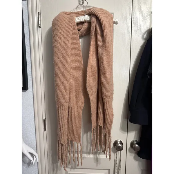 Free People Chunky Ribbed Fringe Scarf Pink Rose Oversized Knit Boho Cozy Winter - Image 3