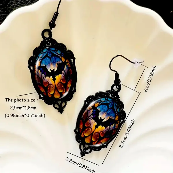 Vintage Cameo Style Gothic Bat Earrings‎ Glass Encased Alloy & Iron Hook - Image 11