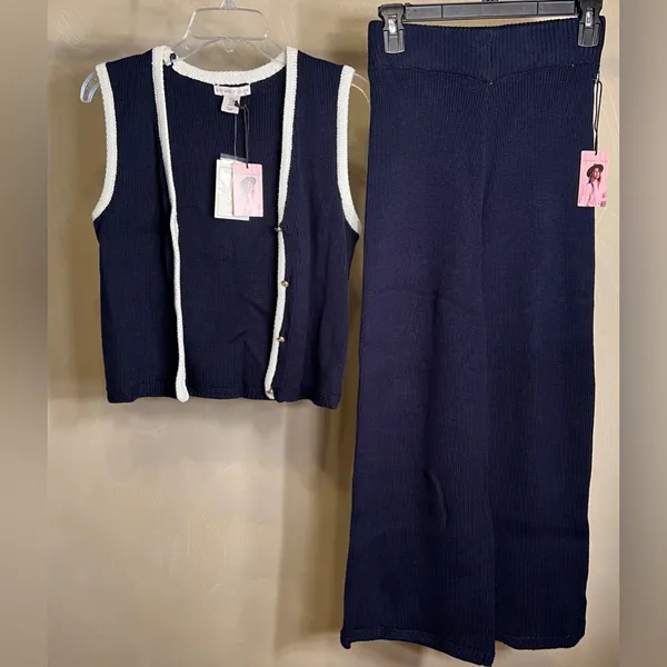Sincerely Jules Women’s 2Pc Navy Knit Sweater Set,Vest+Wide/Flare leg Pants|SZ:S - Image 3