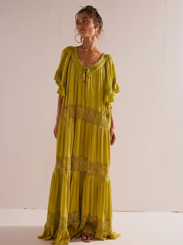 Free People Bohemian Witchy Dream On Maxi Dress Green XS NEW Crochet Gauze - Image 2