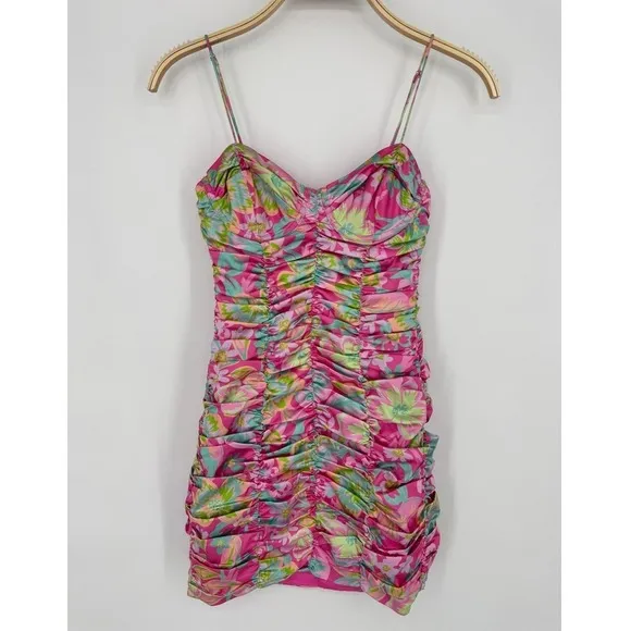 For Love and Lemons‎ Julien Cami Mini Dress XS Pink Floral Ruched Bodycon Cutout - Image 4