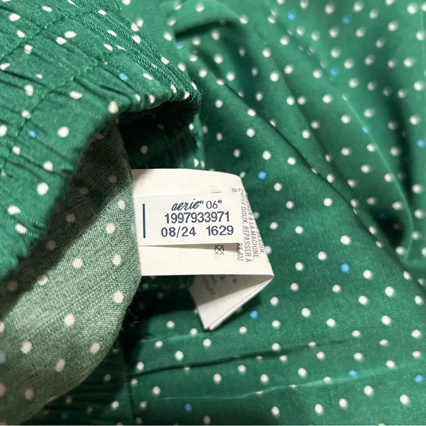 Aerie Off Duty Satin Trouser Wide Leg PJ Pants Island Pine Green Polka Dot Large - Image 8