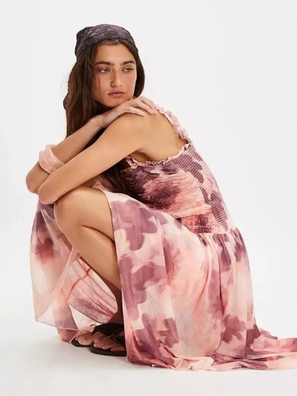 Free People Tessa Smocked Midi Dress NWT XS Pink Floral Ruched REVOLVE - Image 3