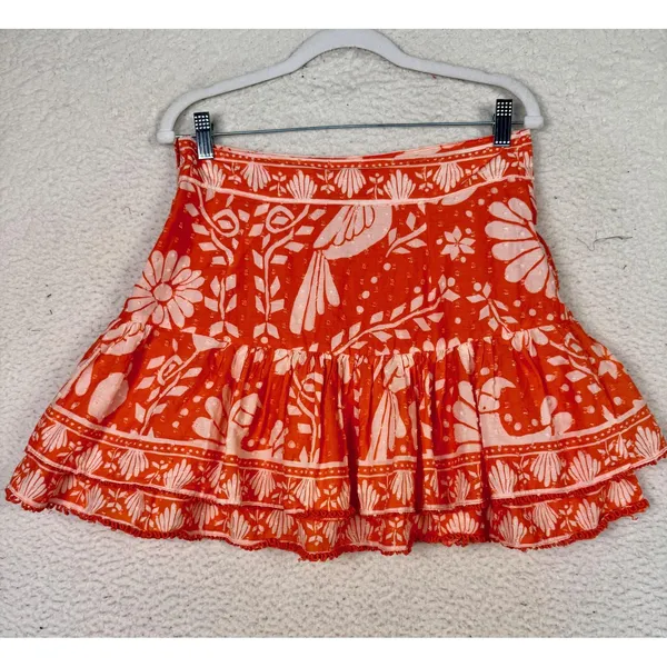 FARM RIO Medium Orange White Cotton Tiered Ruffle Mini Skirt Aztec Boho Festival - Image 2