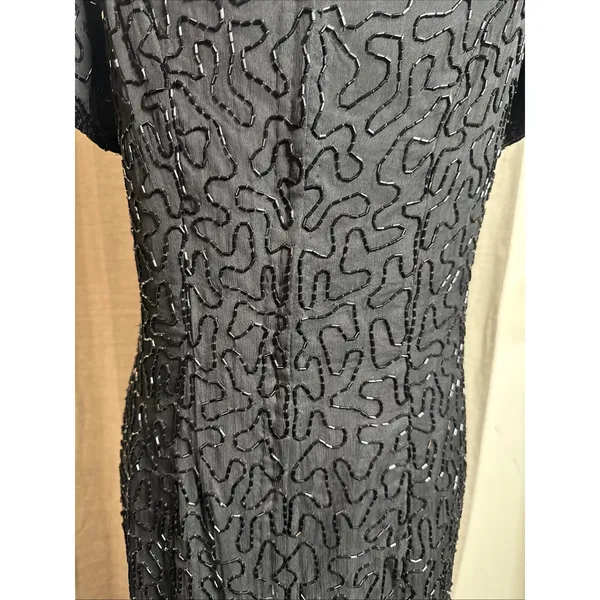 Vintage 90s Papell Boutique Black silk floral beaded sequin gown black tie Sz 14 - Image 11