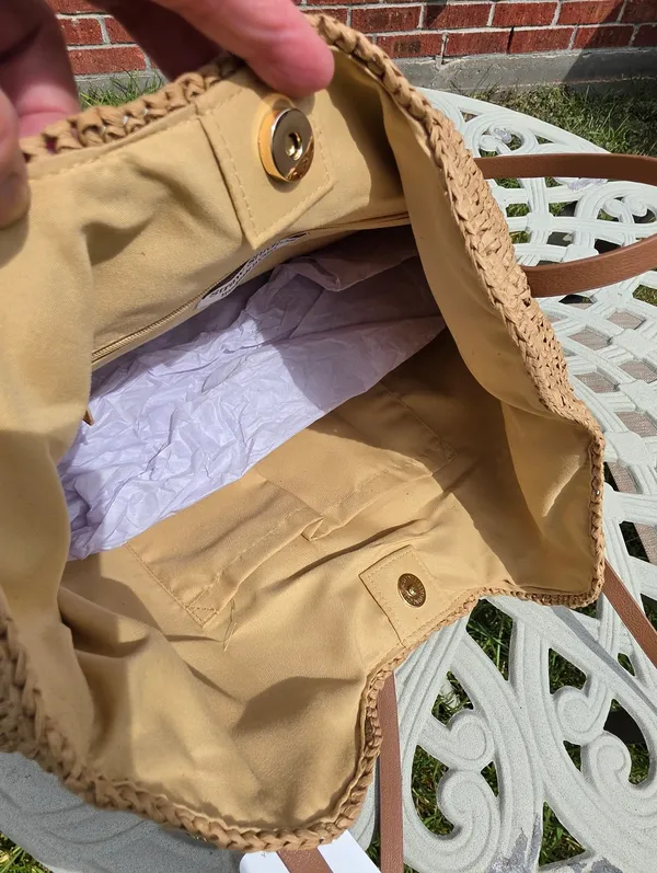 Anthropologie Beige raffia Woven & Brown Leather Tote - Image 7