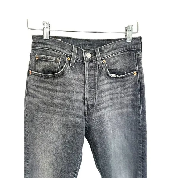 Levis Premium‎ 501 Jeans Women 27x 28 Black Denim Button Fly Straight Distressed - Image 3