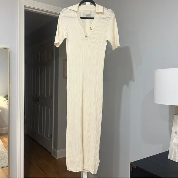 Varley Cream Ribbed Midi Dress with Polo Collar - Image 7