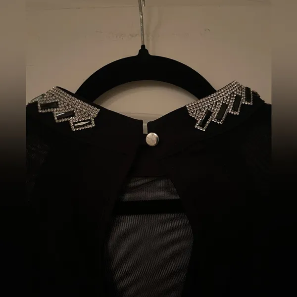Moa Moa Rhinestone Collar Top with Sheer Mesh Panels - Size S - Image 8