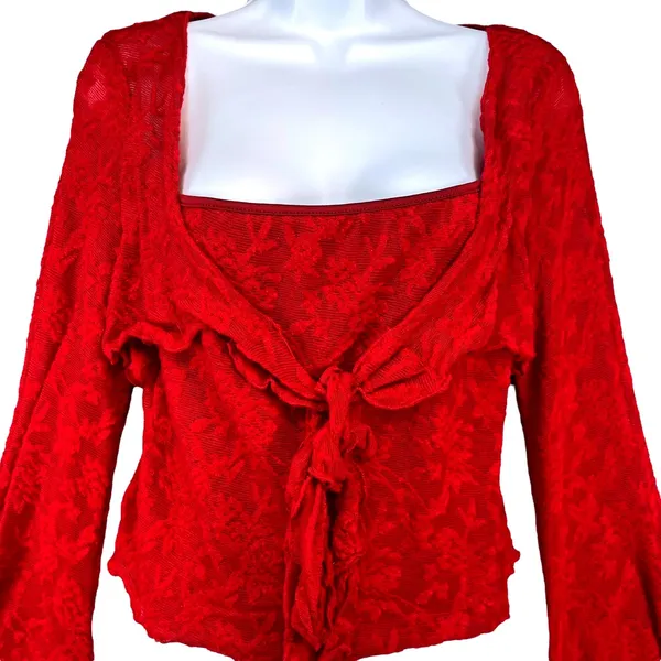 Red Lace Tie‎ Front Top Bell Sleeves Square Neck Women's Size Large - Image 3