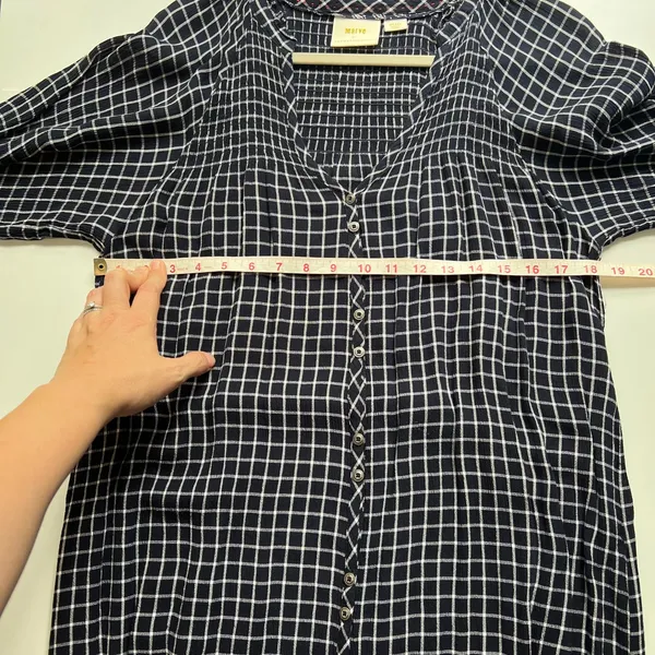 Maeve Anthropologie Dress Womens Small Navy Blue Great Plaid Smocked Tie Waist - Image 7