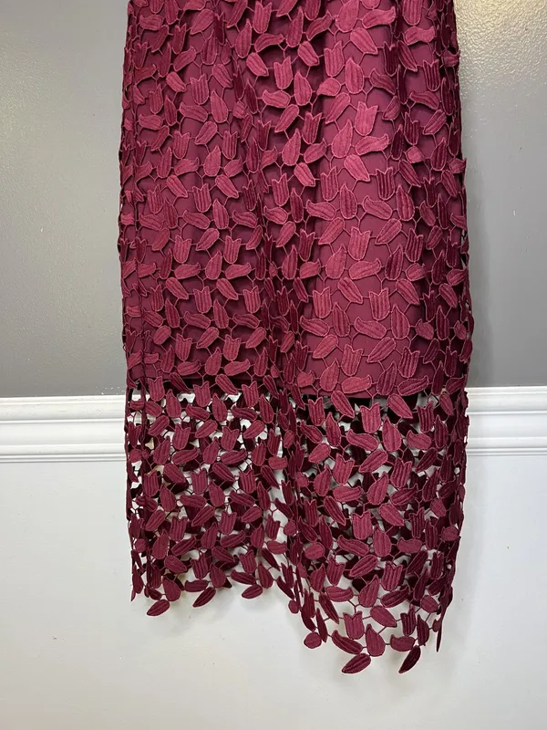 Bardot Dress Womens 6 Red Lace Halter Backless Sheath Midi Floral Party - Image 3
