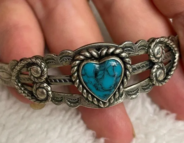 Silver Nickle Bell Faux Turquoise cuff bracelet - Image 2