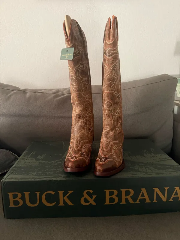 Buck & Brana Tall western cowboy boots Embroidered brown leather size 7.5 - Image 5
