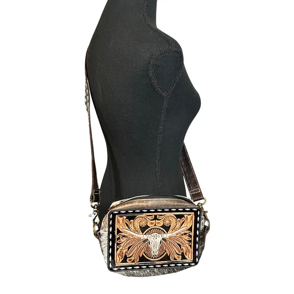 Myra Bag Tooled Leather Longhorn Hair-on Hide Crossbody Bag Brown Western Small - Image 4