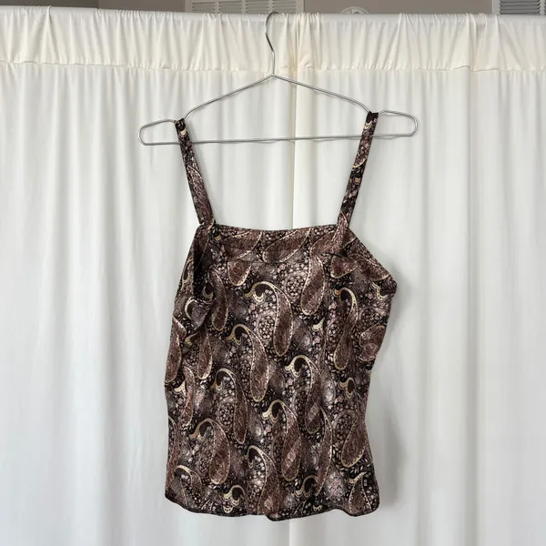 90s Vintage Lady Dorby Paisley Shimmer Tank Top Square Neck Polyester Size 36 - Image 2