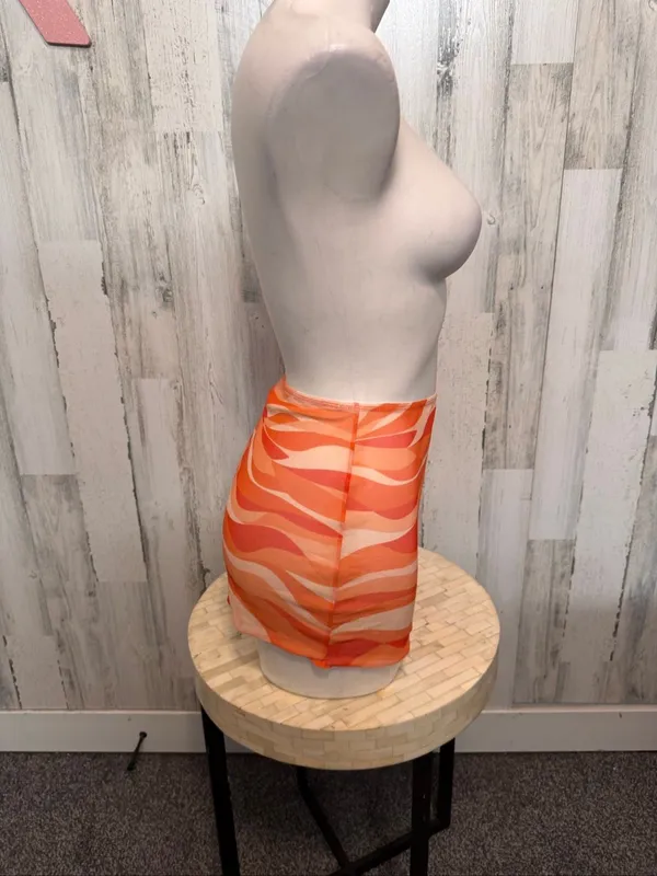 SheIn Retro Wave Sheer Mesh Mini Skirt Swim Cover Up Womens XS Orange Swirl - Image 3
