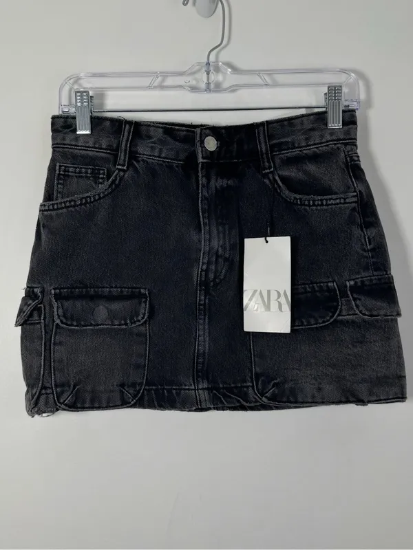 Zara Black Washed Y2K Denim Cargo Mini Skirt XS Mid Rise Utility Pocket NWT NEW - Image 2