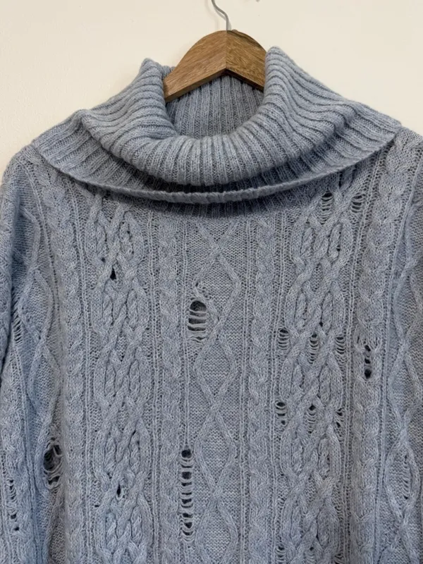 Free People Blue Distressed Turtleneck Sweater Size XS Oversized Wool Cable Knit - Image 3