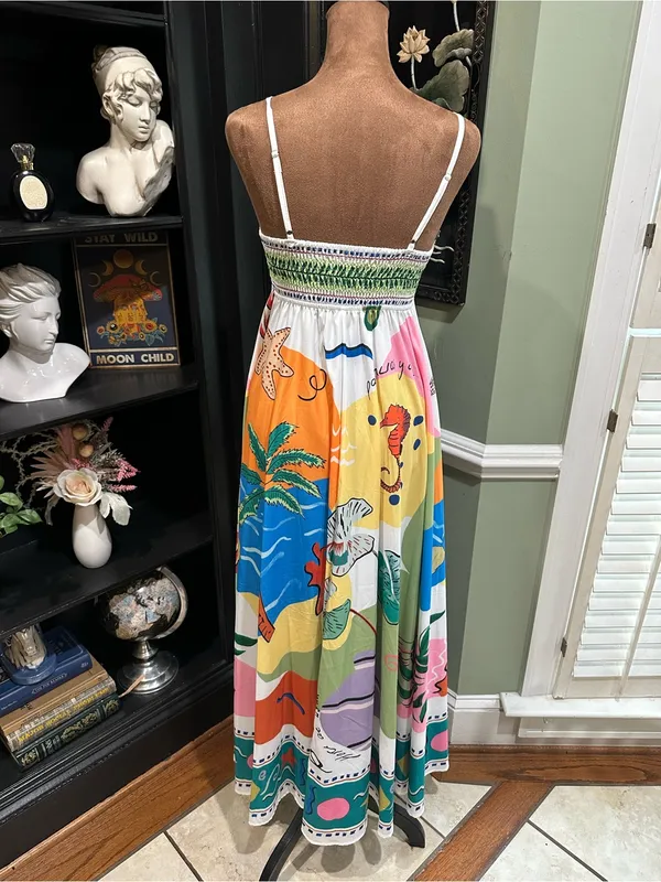 Tropical Spaghetti Strap Maxi Dress – Size Small Blue - Image 6