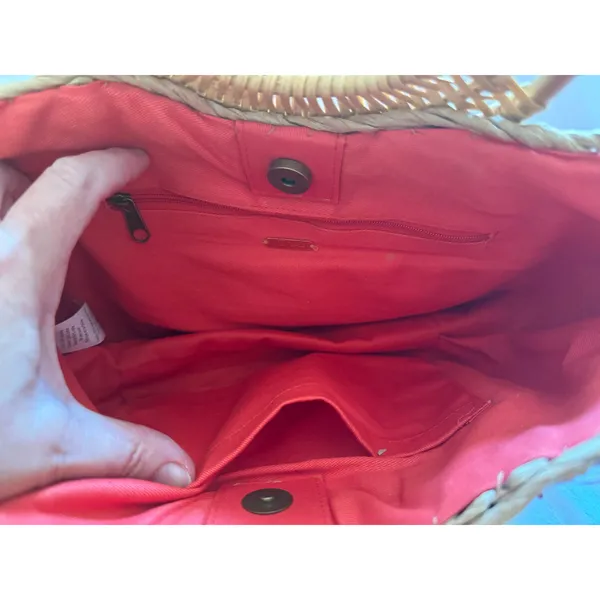 Free People Sophia Straw Tote Red Woven Bamboo Ring Handles Boho Purse Bag EUC - Image 9