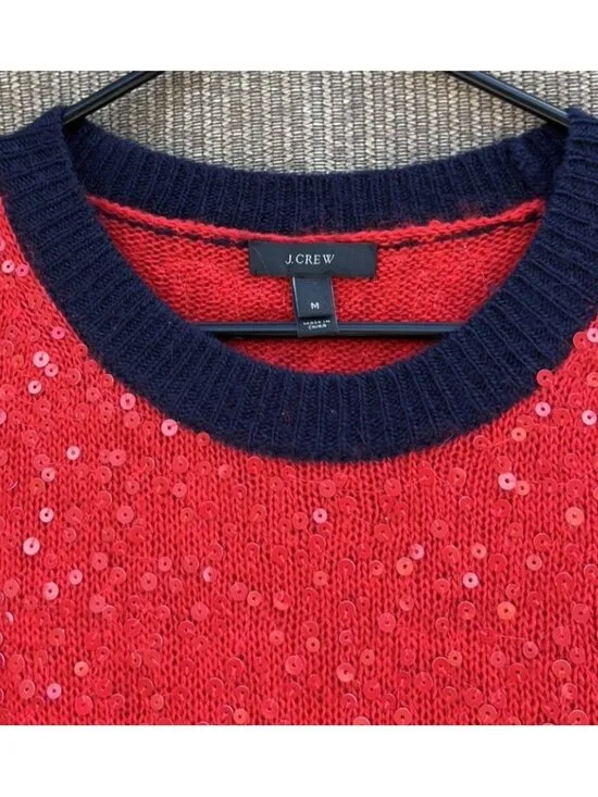 J.Crew Red Sequin Long Sleeves Pullover Wool Mohair Knit Sweater Top Size M - Image 3