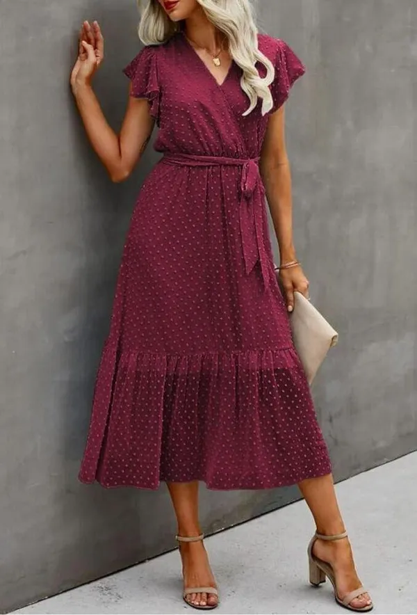 NEW Wrap Ruffle Cap Sleeveless Belted A-Line Swiss Dot Midi L - Image 3