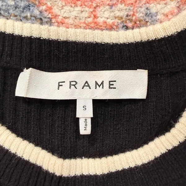 FRAME Black Wool Blend Rib Tiered Ruffle Bell Sleeve Striped Trim Sweater Small - Image 4