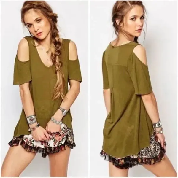Free People Bittersweet Cold Shoulder Gold Green Short Sleeve Top blouse size XS - Image 2