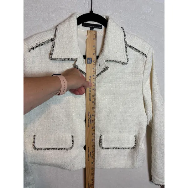 Amanda + Chelsea Natural Tweed Fringe Button Front Jacket Cream Black NWT M - Image 9