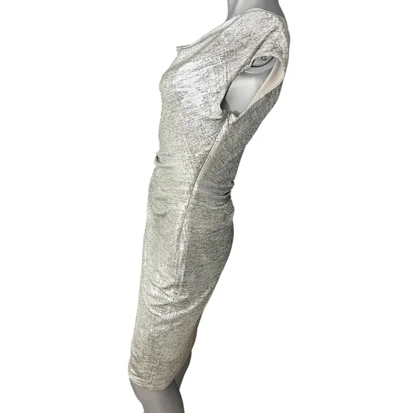 Vince Camuto Women's Silver Metallic Ruched Mini Dress 6 Sheath Cowl Neck - Image 4