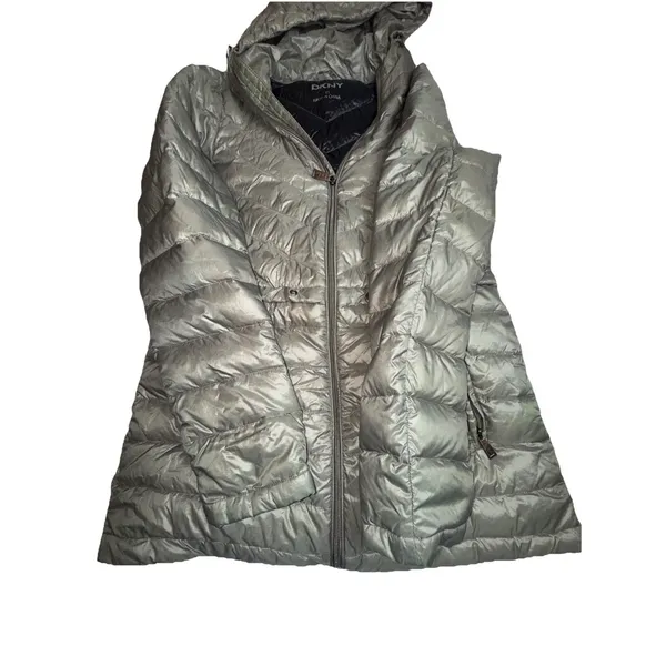 DKNY Women's Down Puffer Jacket XS Metallic Green Hooded Warm‎ Winter Coat - Image 7