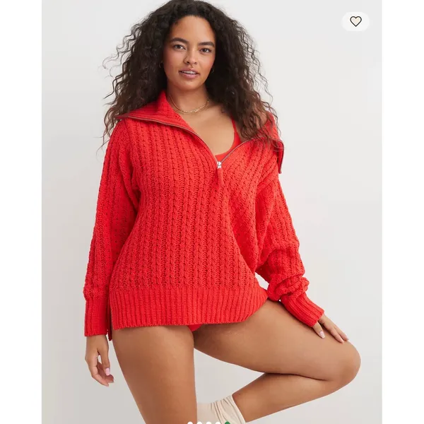 Aerie Red Cable Car Quarter‎ Zip Sweater Medium - Image 2
