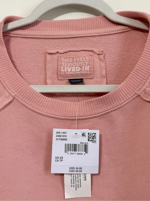 NWT American Eagle Big Hug Crew Neck Oversized Sweatshirt Light Pink XS NEW - Image 3