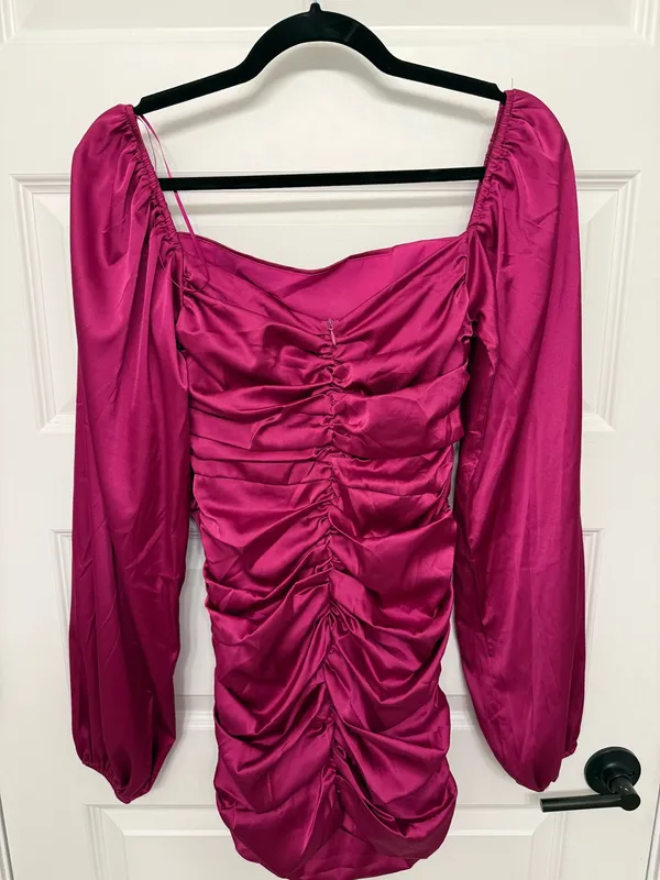 Glam Pink Satin Ruched Mini Dress - Image 2