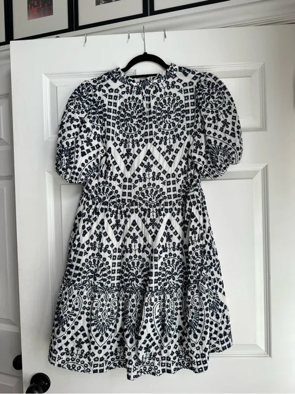 Embroidered Navy and White Tiered Mini Dress - Image 2